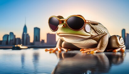 close up of a frog with sunglasses by water with cityscape background