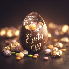Chocolate easter egg with colorful candies against dark background