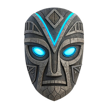 Stone tribal mask with glowing blue eyes and accents