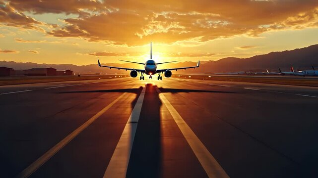 A large airplane is positioned on the runway as the sun sets behind it, creating a striking silhouette. This airplane prepares for departure while the vibrant sunset illuminates th