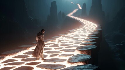 A solitary figure embarks on a luminous stone path, evoking a sense of journey, spiritual quest, and the unknown, perfect for inspirational or fantasy themes