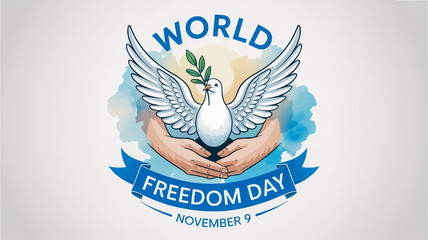 Dove with olive branch in hands for world freedom day, november 9th celebration