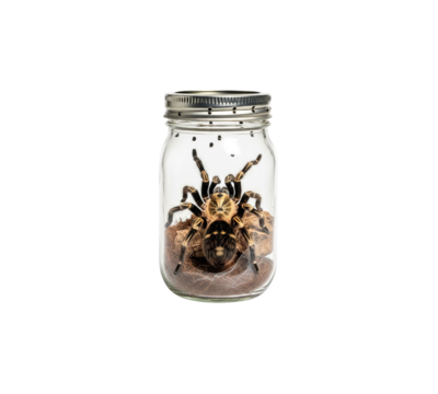 Large tarantula spider contained glass jar captivity pet insect arachnid isolated transparency