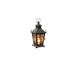 Vintage metal lantern with lit candle light glow illumination isolated cutout element