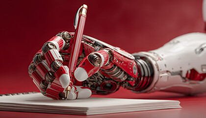 Robot hand holds pen over blank notebook on red background. Automation creates ideas and writes text for future projects. Tech, innovation and concept.