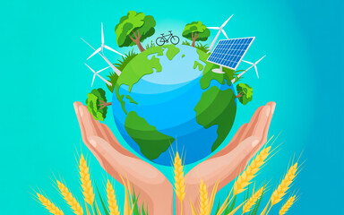 Earth held in hands with renewable energy and nature elements
