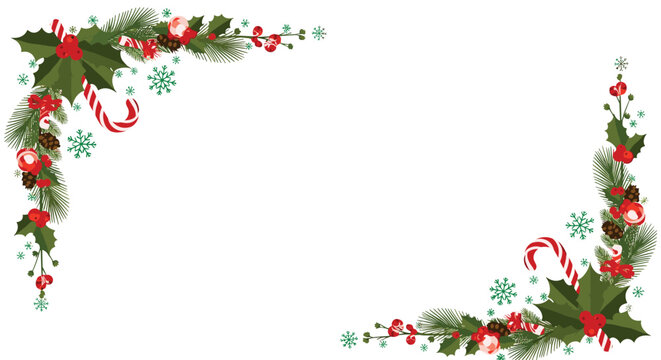 Decorative Christmas holiday corner borders with evergreen branches, red berries, candy canes, and scattered snowflakes on white.