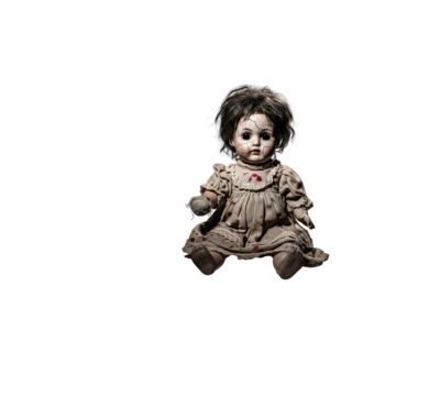 Monochrome cracked porcelain doll sitting antique vintage toy eerie concept isolated cutout
