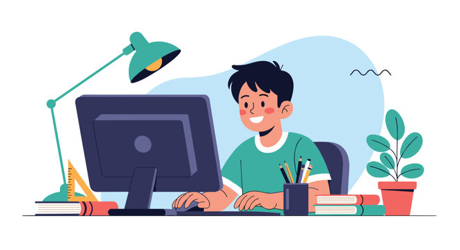 Happy young person engaged in online learning or remote work at a desk with a computer and study essentials.