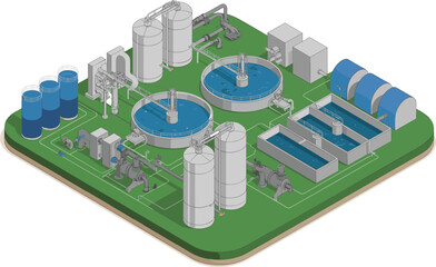 Isometric 3D illustration of modern wastewater treatment plant with sedimentation tank, filtration units, and clean water purification system