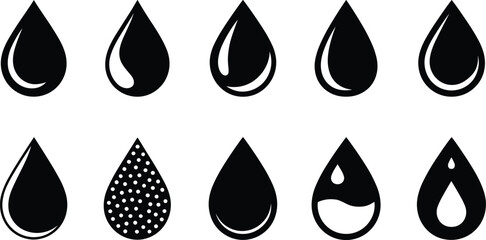 Set of black water drop icon designs, creative liquid droplet collection, minimalist teardrop shapes, graphic symbols for water concept illustration