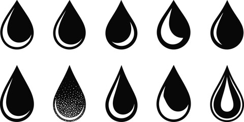 Set of black water drop icon designs, creative liquid droplet collection, minimalist teardrop shapes, graphic symbols for water concept illustration