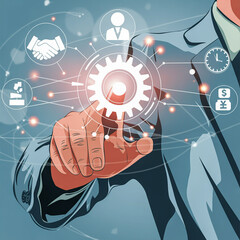 businessman hand pushing social network icon