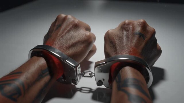 Close-up shot of a person's hands in handcuffs, with tattoos visible, on a white surface.