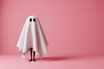 Playful ghost costume with black eyes on pink background
