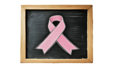 Pink chalk ribbon on blackboard representing learning compassion and breast cancer awareness concept isolated on white background PNG