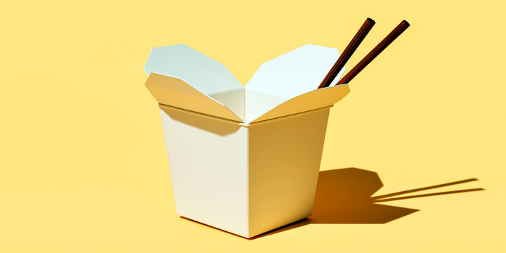 Minimalist takeout food box with open flaps and wooden chopsticks on a bright yellow background