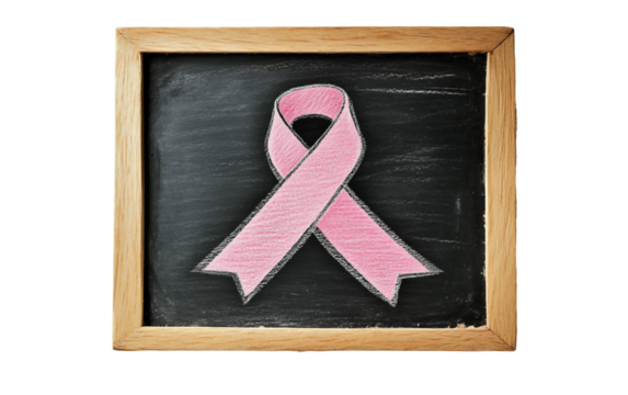 Pink chalk ribbon on blackboard representing learning compassion and breast cancer awareness concept isolated on white background PNG