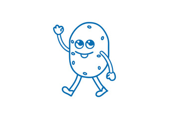 Outlined blue potato character with a cheerful smile waves while walking on white
