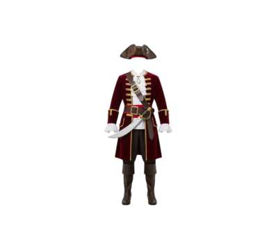 Historical pirate captain uniform costume hat boots jacket isolated transparent background digital render