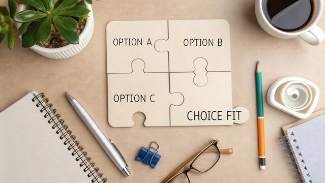 Puzzle Pieces on Desk with Options and Coffee for Decision Making