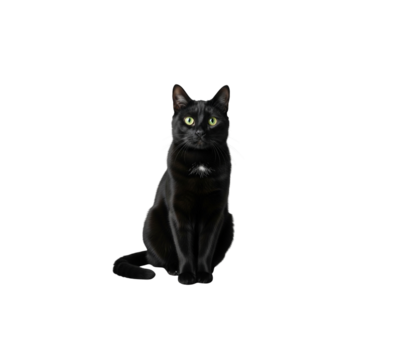 Sleek Black Cat Sitting Looking Forward with Bright Green Eyes Isolated Studio Portrait