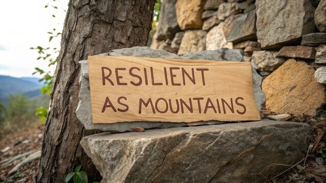 Resilient as Mountains: Inspirational Wooden Sign in Nature