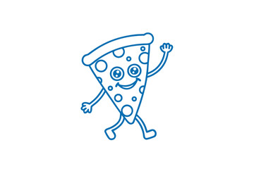 Happy slice of pizza mascot character is walking and waving its hand cheerfully