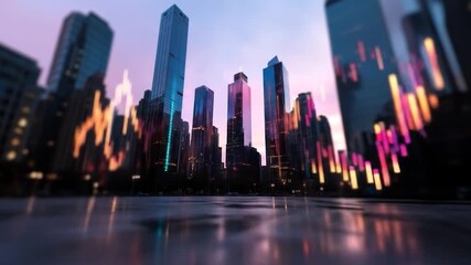 Modern cityscape with digital financial graphs and reflective surface at dusk - Powered by Adobe
