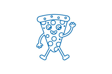 Smiling pizza slice with cute pepperoni walks cheerfully while waving its hand happily