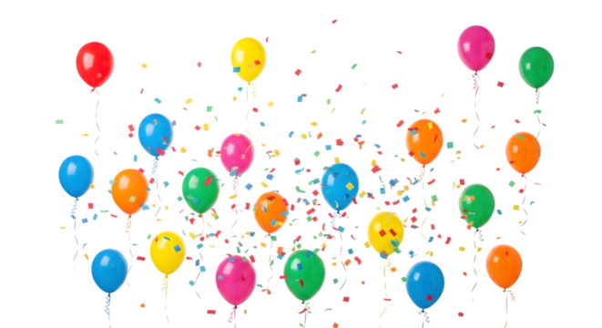 Colorful balloons and confetti, isolated on transparent background