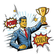 Pop Art Businessman Holding Trophy Celebrating Victory with Comic Bubbles