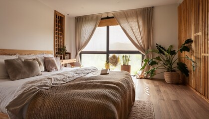cozy bedroom with wooden accents and natural light