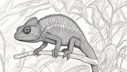 Detailed monochrome illustration of a chameleon perched on a branch in its natural habitat.