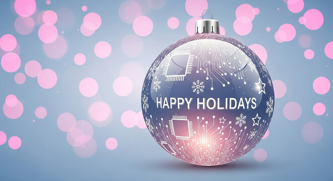 Christmas ornament displaying digital circuit board and happy holidays text