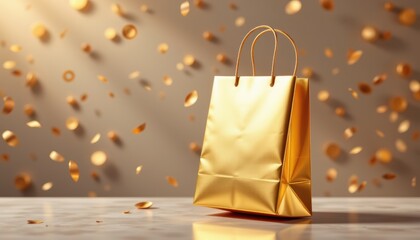 A stunning mockup of a metallic gold shopping bag floating in the air against a promotion background