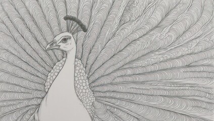 Elegant Peacock Displaying Feathers in Detailed Black and White Drawing.