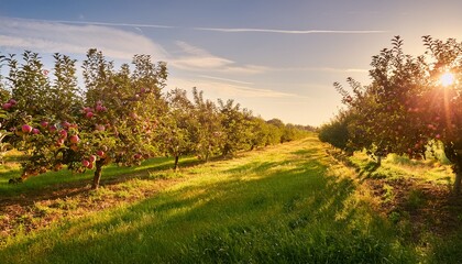 apple orchard in late afternoon sun with ripe fruit and grassy ground in the background