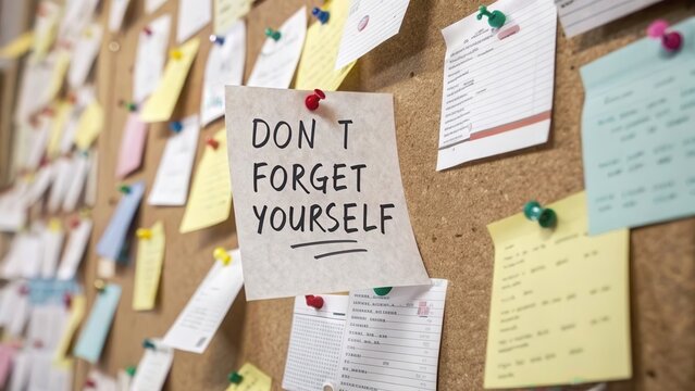 Reminder Notes on Corkboard: Don't Forget Yourself Message