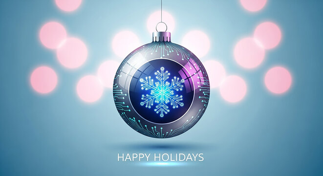 Technology christmas ornament hanging with circuit snowflake design