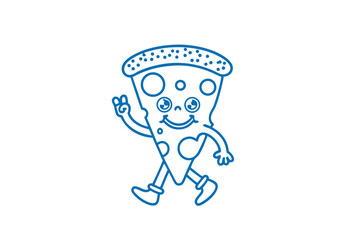 Joyful pizza slice with cartoon eyes walks happily and flashes a peace sign in outline
