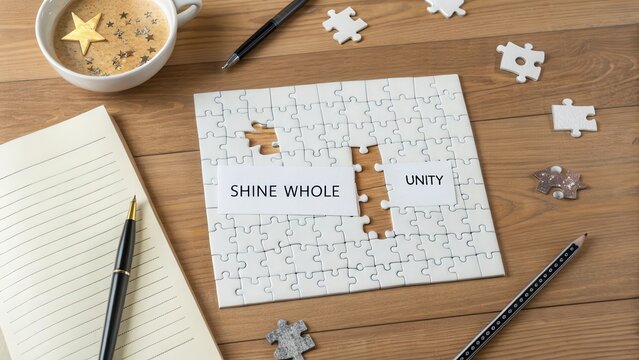 Puzzle pieces with words shine whole unity on a wooden table