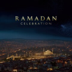 Ramadan celebration illuminated cityscape at night with golden text