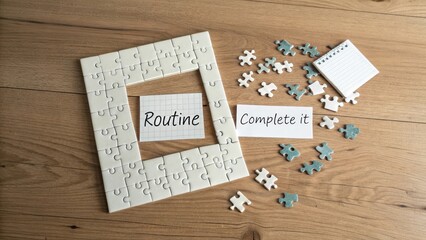 Fototapeta premium Puzzle Pieces Arranged with Words Routine and Complete It on Wood