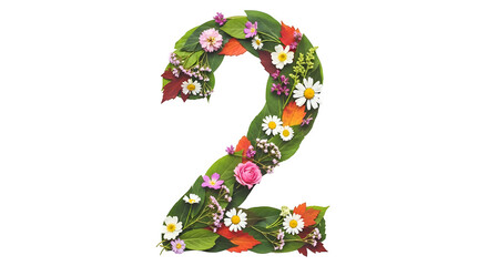 Number two made of flowers and leaves, isolated on transparent background