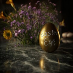 Golden easter egg with floral background on a marble surface