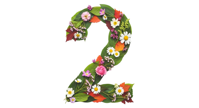 Number two made of flowers and leaves, isolated on transparent background