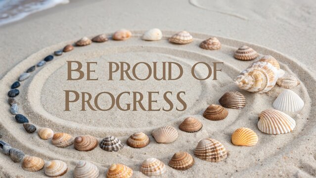 Shells Arranged on Sandy Beach with Inspirational Message