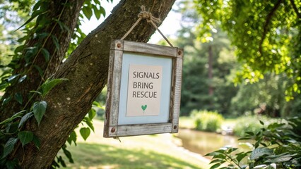 Rustic Sign on Tree with Inspirational Message about Rescue