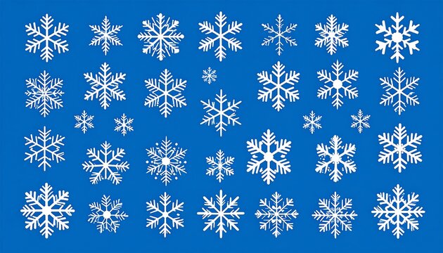 A collection of white snowflake designs, varying in size and detail, against a vibrant blue backdrop, creating a wintery aesthetic